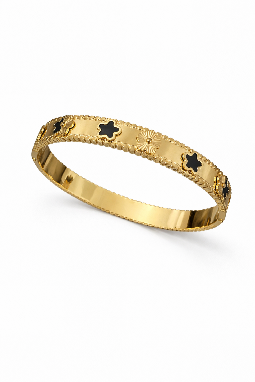 Luxury Gold Clover Charm Bracelet for Women | Elegant Black Enamel Floral Design | Premium Adjustable Wrist Bracelet