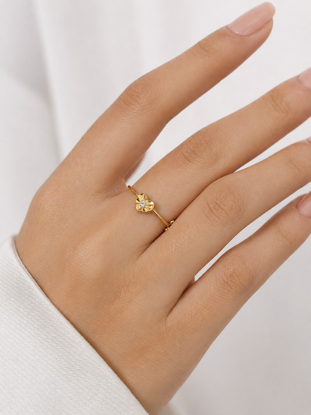 Elegant 18K Gold Plated Small Heart Adjustable Ring with Green Stone