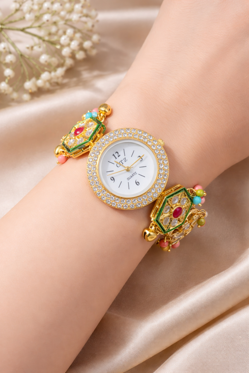 Kashmiri Traditional Designer Watch for Women | Ethnic Bracelet Watch with Stone & Bead Work | Elegant Festive & Daily Wear Analog Wrist Watch
