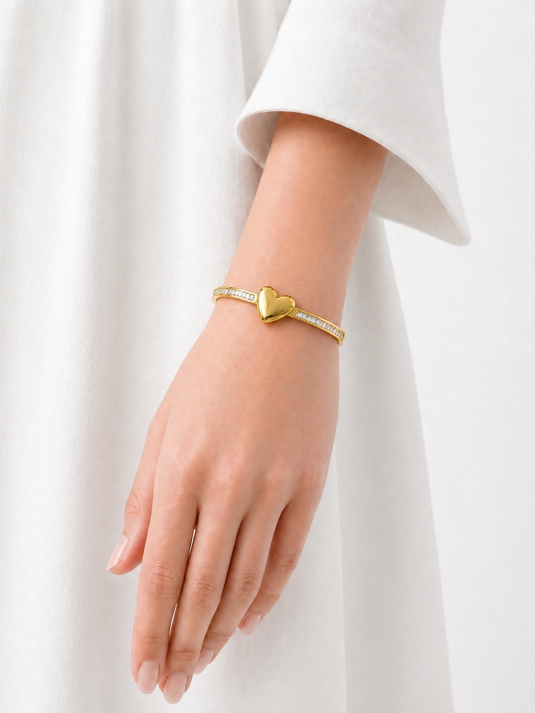 Heart Charm Gold Plated Bracelet with Crystal Detailing | Elegant Minimal Love Bangle