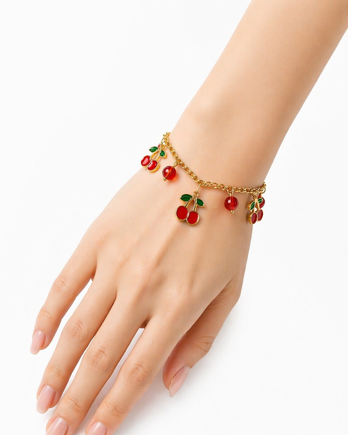 18K Gold Plated Cherry Charm Bracelet – Cute Red Enamel & Bead Design