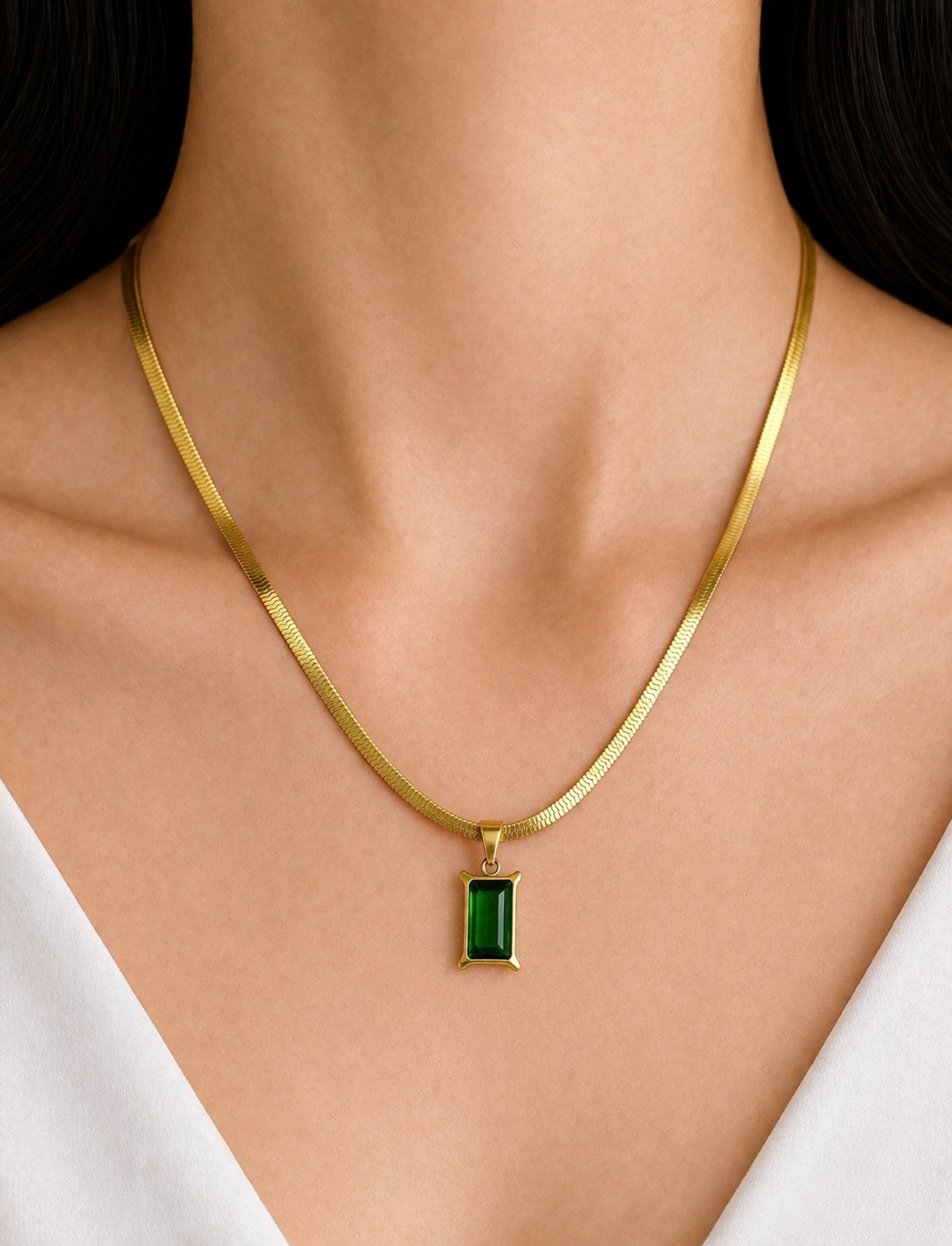 Green Emerald Anti-Tarnish Gold Plated Stainless Steel Flat Snake Chain Necklace