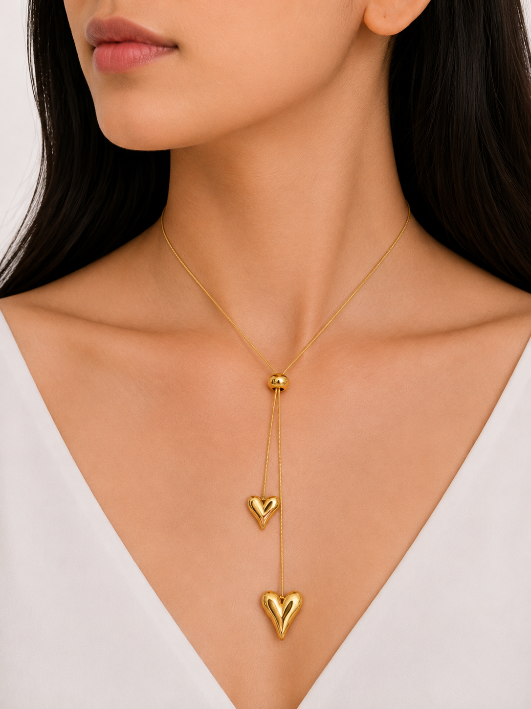 ✨ 18K Gold Plated Double Heart Lariat Pendant Chain – Anti-Tarnish Daily Wear Necklace ✨