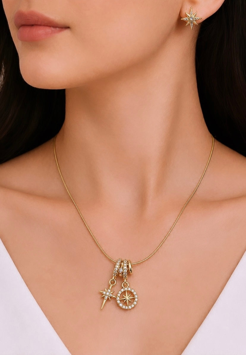 18K Gold Plated Celestial Star Pendant Chain & Stud Earrings Set – Anti Tarnish Daily Wear Jewelry
