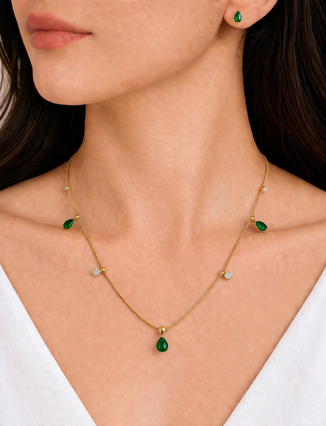 18K Gold Plated Emerald Green Teardrop Pendant Necklace with Matching Stud Earrings | Stainless Steel | Anti-Tarnish | Elegant Minimal Jewellery Set for Women