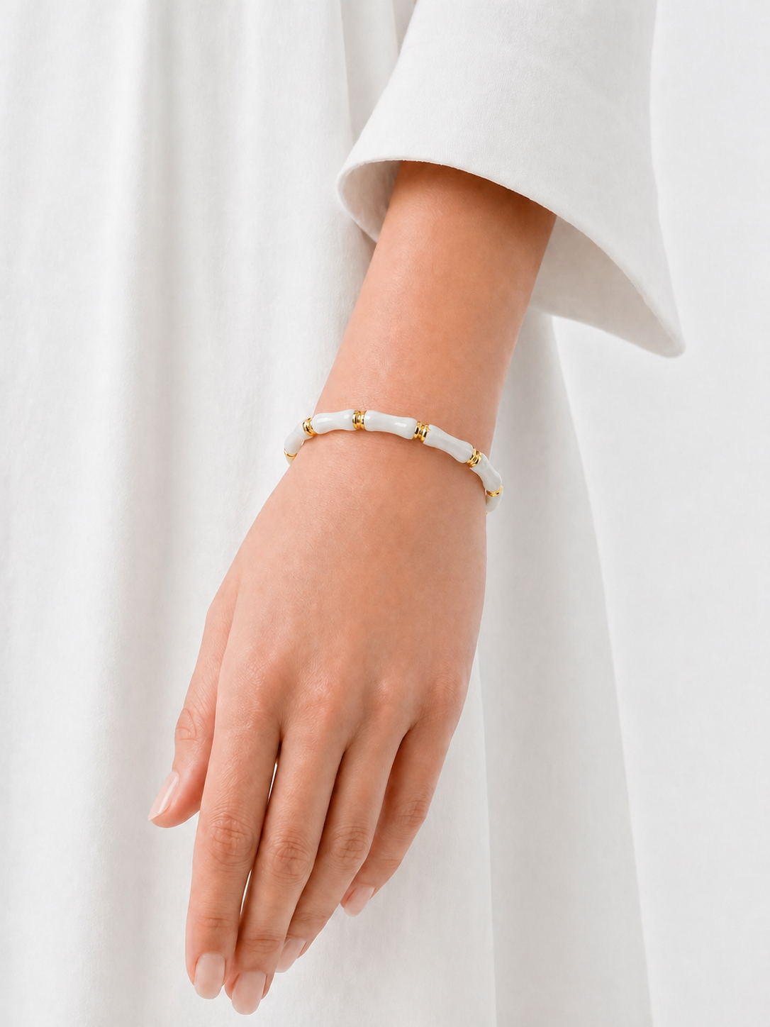 White Enamel Bamboo Style Gold Plated Bracelet | Minimal Elegant Designer Bangle