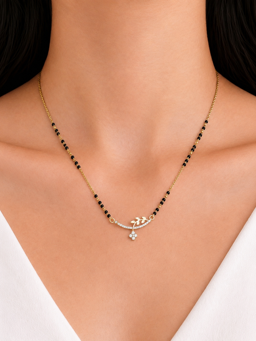 Daily Wear Anti-Tarnish Gold Plated Leaf Charm Mangalsutra with CZ Diamond | Elegant Black Beads Mangalsutra for Women