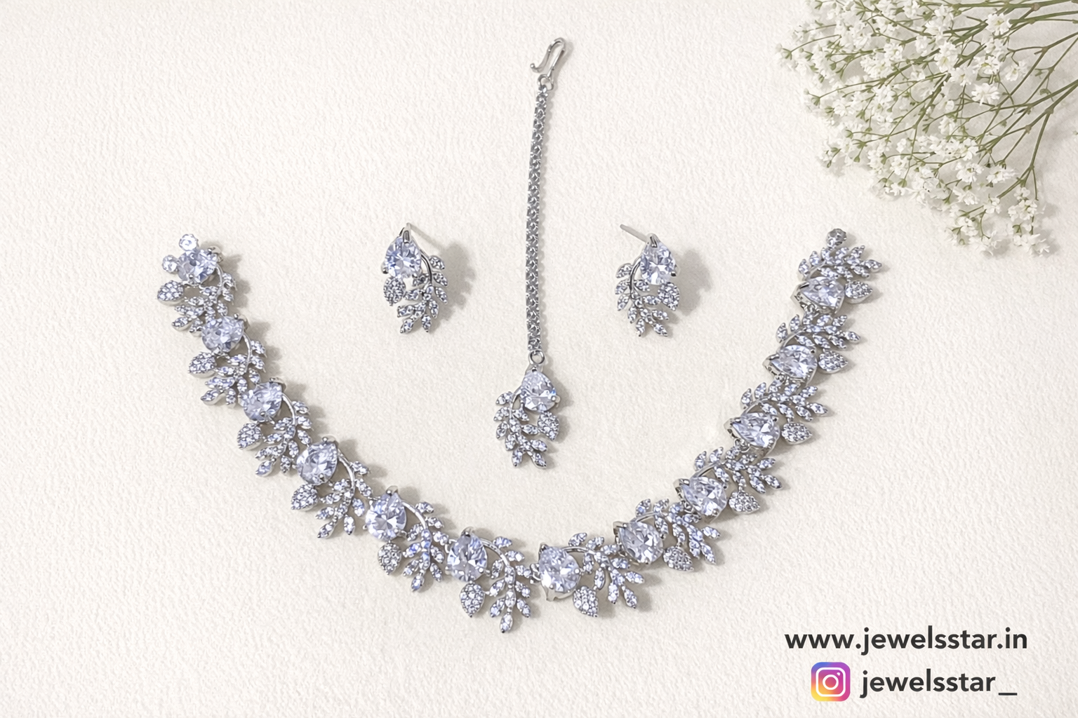 American Diamond Necklace Set with Earrings & Maang Tikka | Silver Plated CZ Bridal Jewelry Set | Wedding, Party & Festive Wear for Women