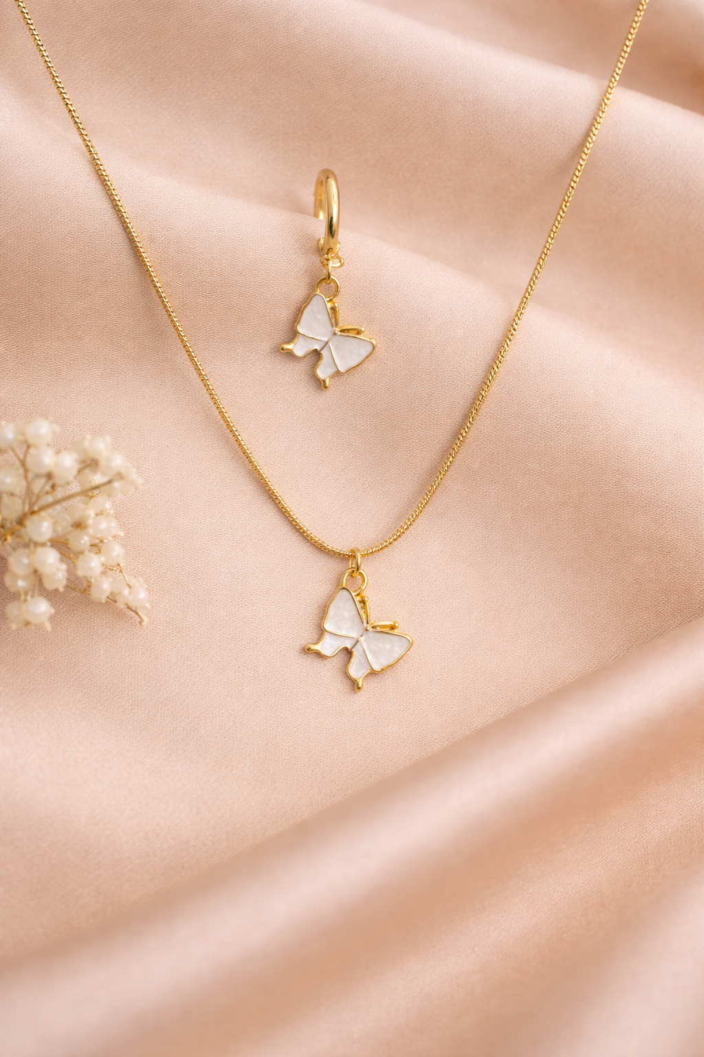 18K Gold Plated Butterfly Pendant Necklace & Hoop Earring Set | Mother of Pearl Design | Elegant Anti-Tarnish Jewelry for Women