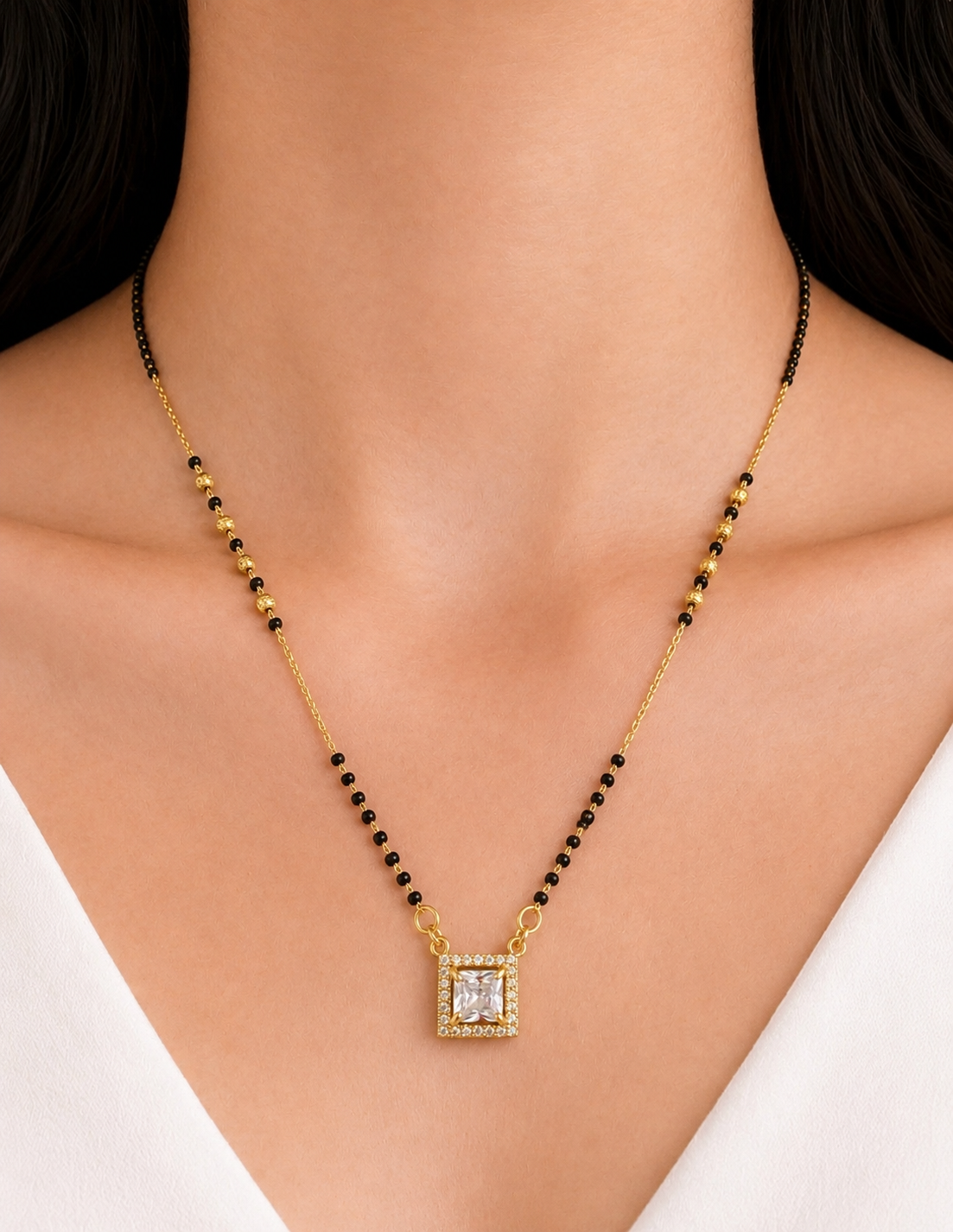 Daily Wear Anti-Tarnish Gold Plated Square CZ Diamond Mangalsutra | Elegant Minimalist Black Beads Mangalsutra for Women