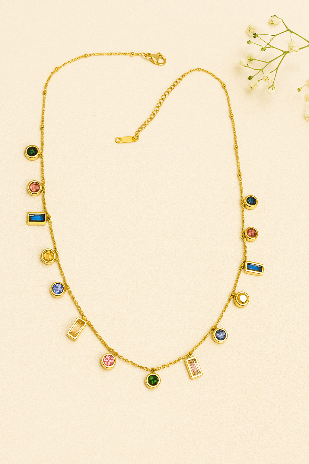 Anti-Tarnish 18K Gold Plated Multi-Coloured Stone Necklace | Elegant Waterproof Chain for Women | Lightweight Daily Wear Jewelry | Comes with Gift-Ready Premium Packaging