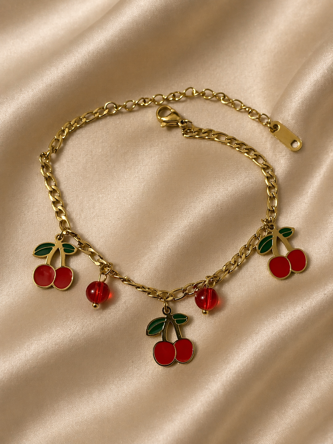18K Gold Plated Cherry Charm Bracelet – Cute Red Enamel & Bead Design