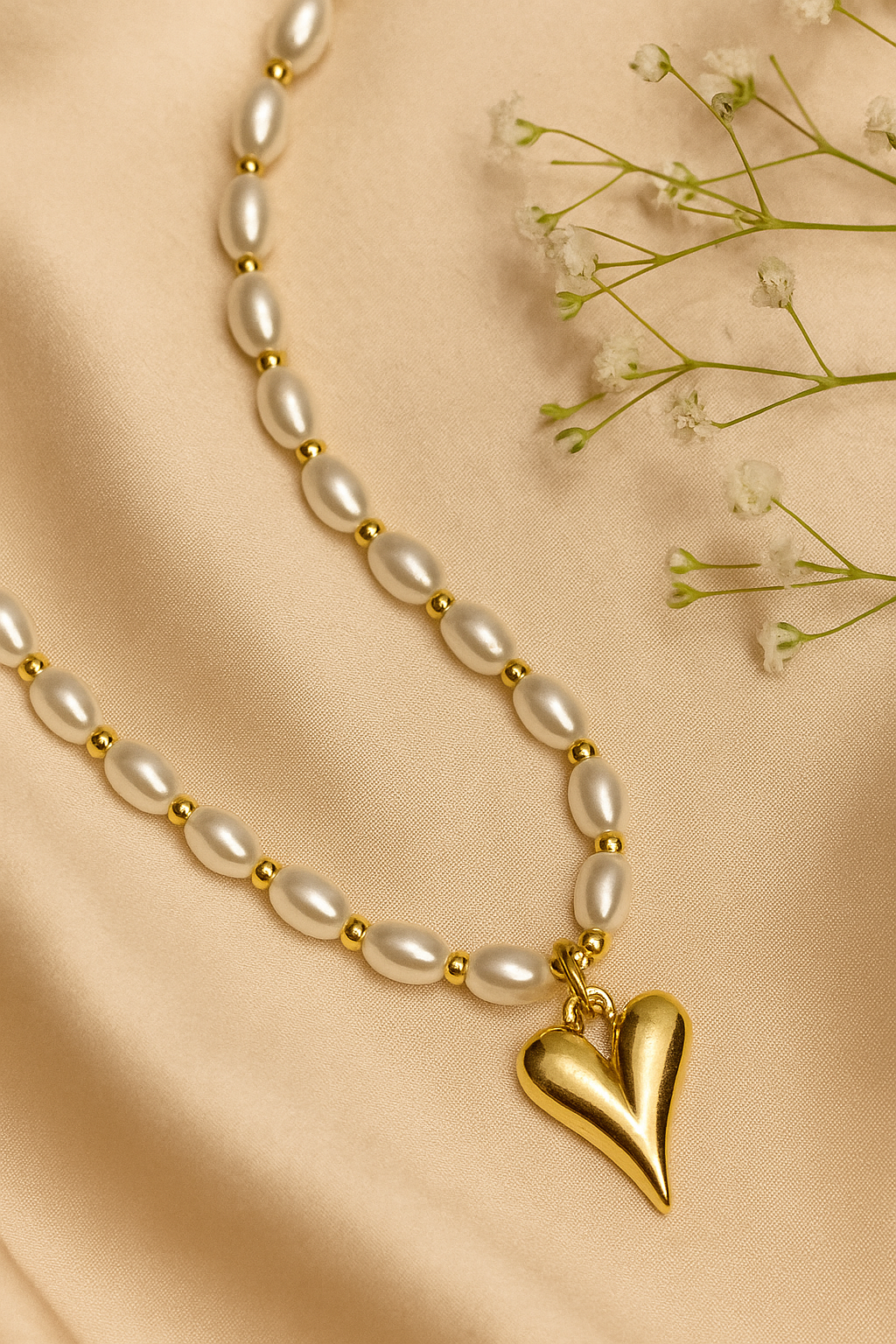 Anti-Tarnish 18K Gold Plated Pearls Chain with Heart Pendant | Elegant Waterproof Jewelry for Women | Lightweight Daily Wear Necklace | Perfect Gift for Her