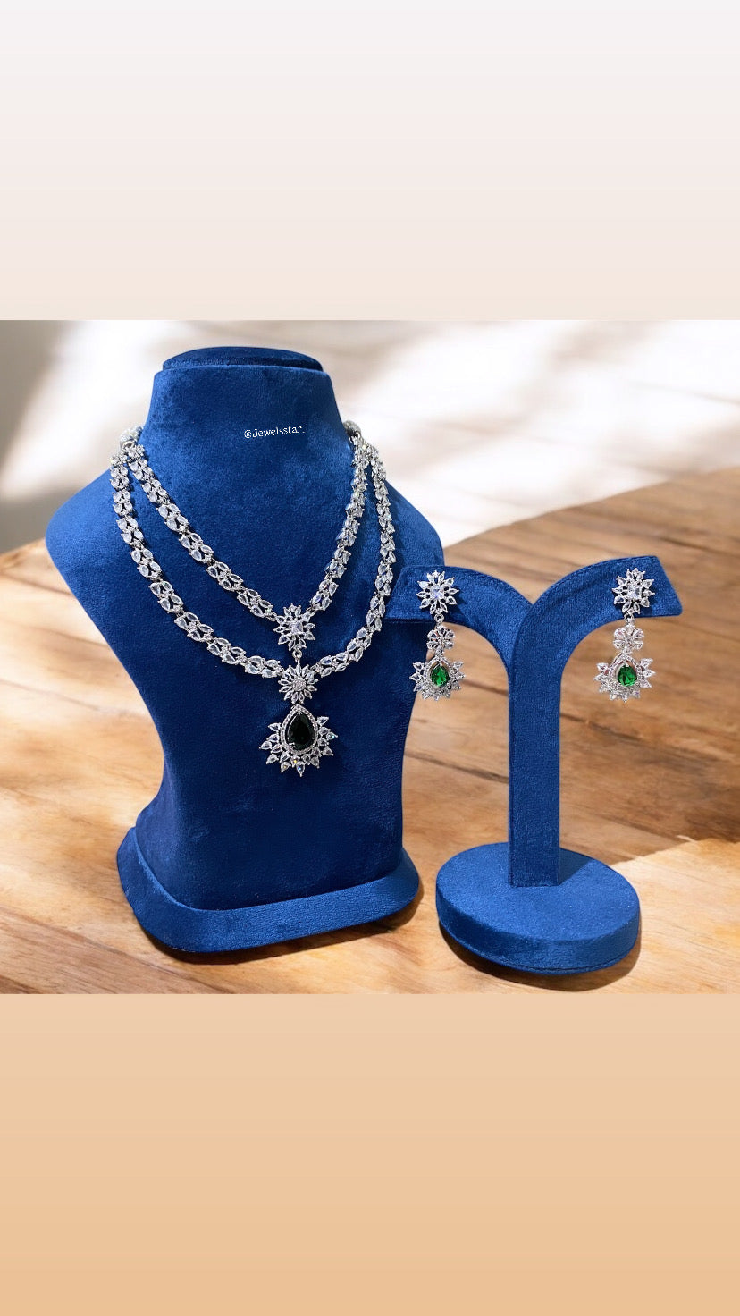 Elegant Designer American Diamond Double Layer Green Necklace – A Fusion of Luxury and Style
