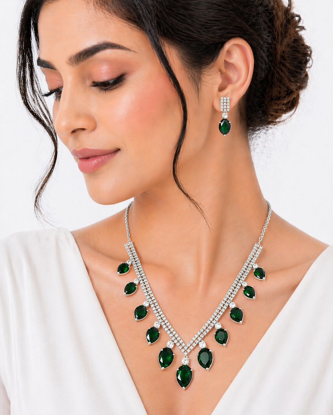 Designer Green American Diamond Necklace with Earrings