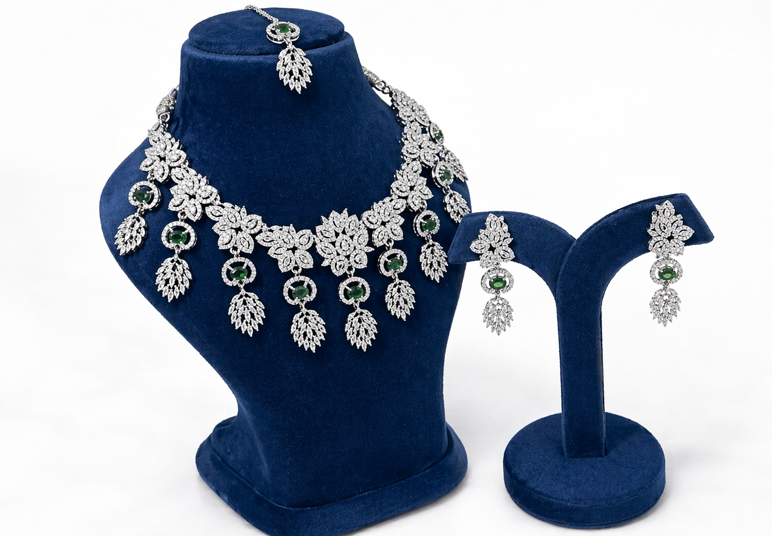 Luxurious Designer American Diamond Heavy Green Necklace – A Bold Statement of Elegance and Glamour