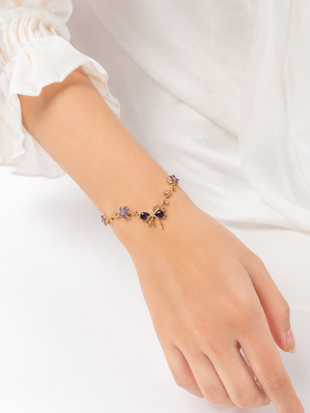 18K Gold Plated Anti-Tarnish Purple Floral Bow Charm Bracelet