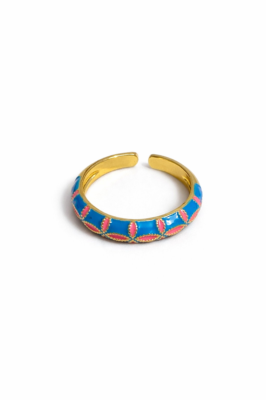 18K Gold Plated Adjustable Enamel Ring for Women | Blue & Pink Minimal Pattern Ring | Trendy Everyday Jewelry
