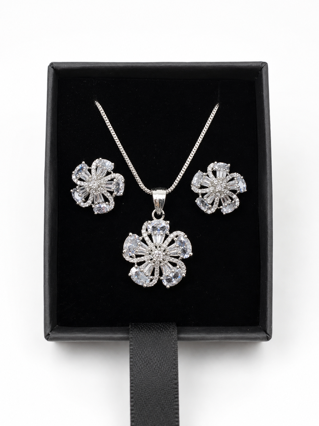 18K White Gold Plated Floral American Diamond Pendant Chain with Matching Stud Earrings Set