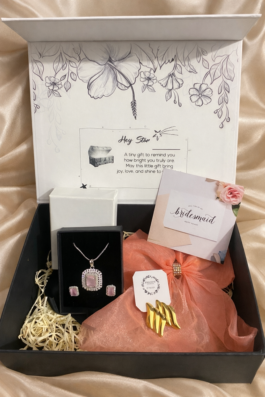 JewelsStar Bridesmaid Gift Hamper – American Diamond Necklace Chain & Earrings Set with Bow Hair Clip and 18K Gold Plated Anti-Tarnish Earrings | Customizable Gift Set for Bridesmaids & Wedding Functions