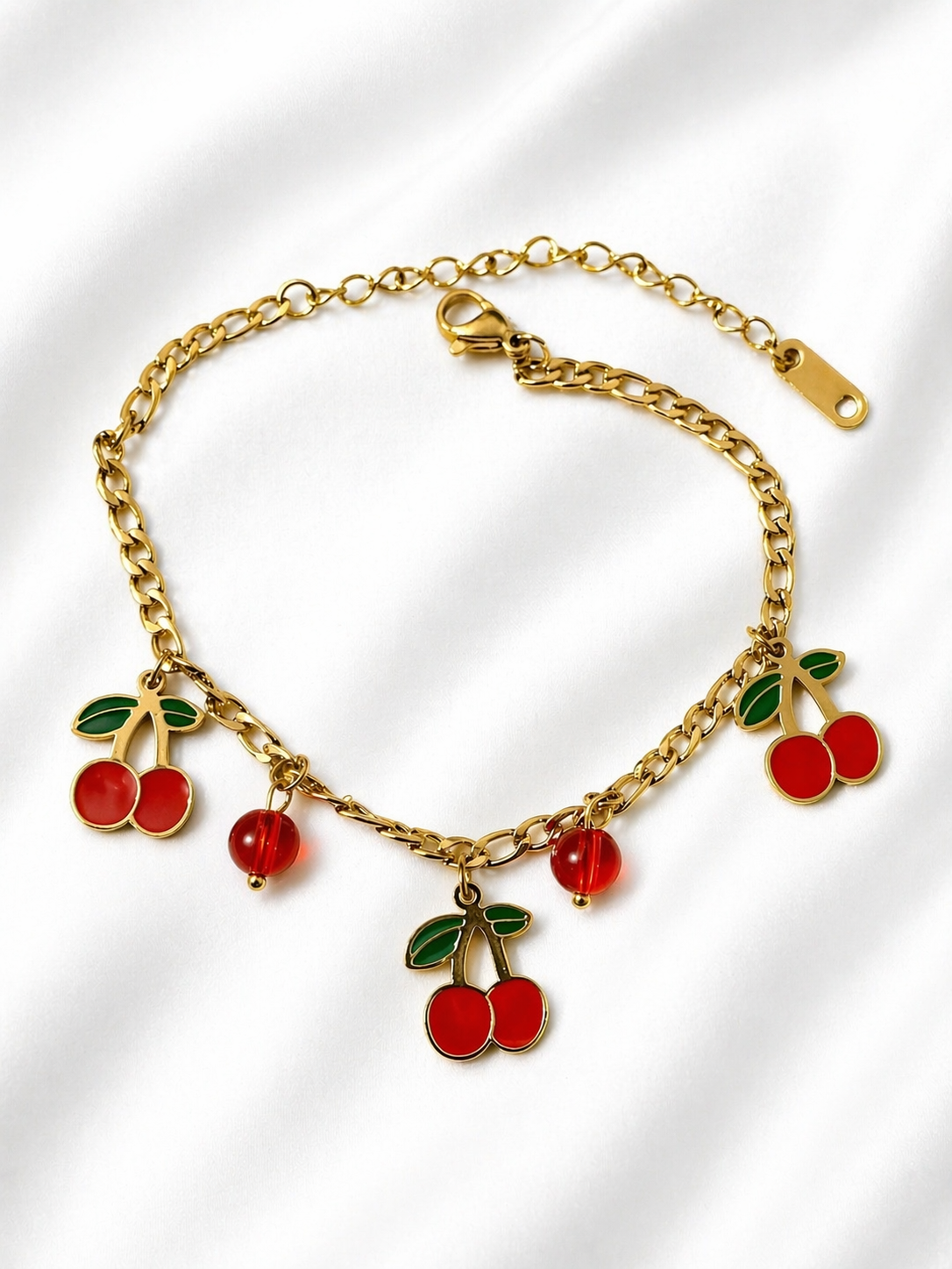 18K Gold Plated Cherry Charm Bracelet – Cute Red Enamel & Bead Design