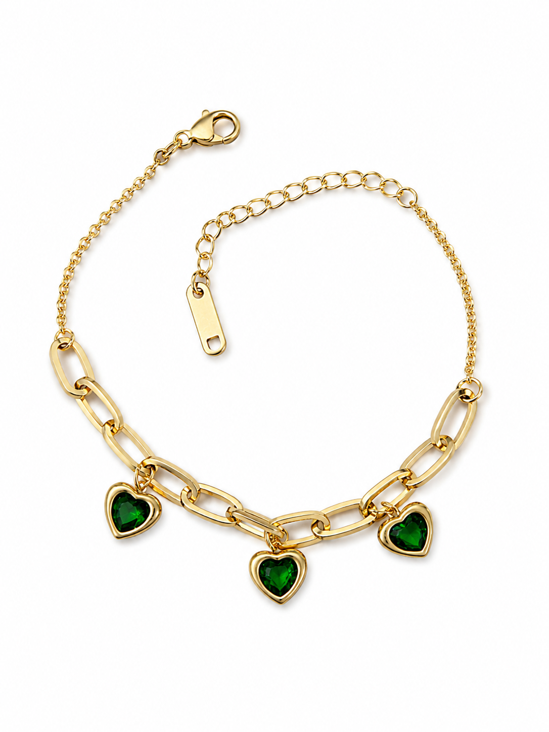 18K Gold Plated Anti-Tarnish Green Heart Charm Chain Bracelet