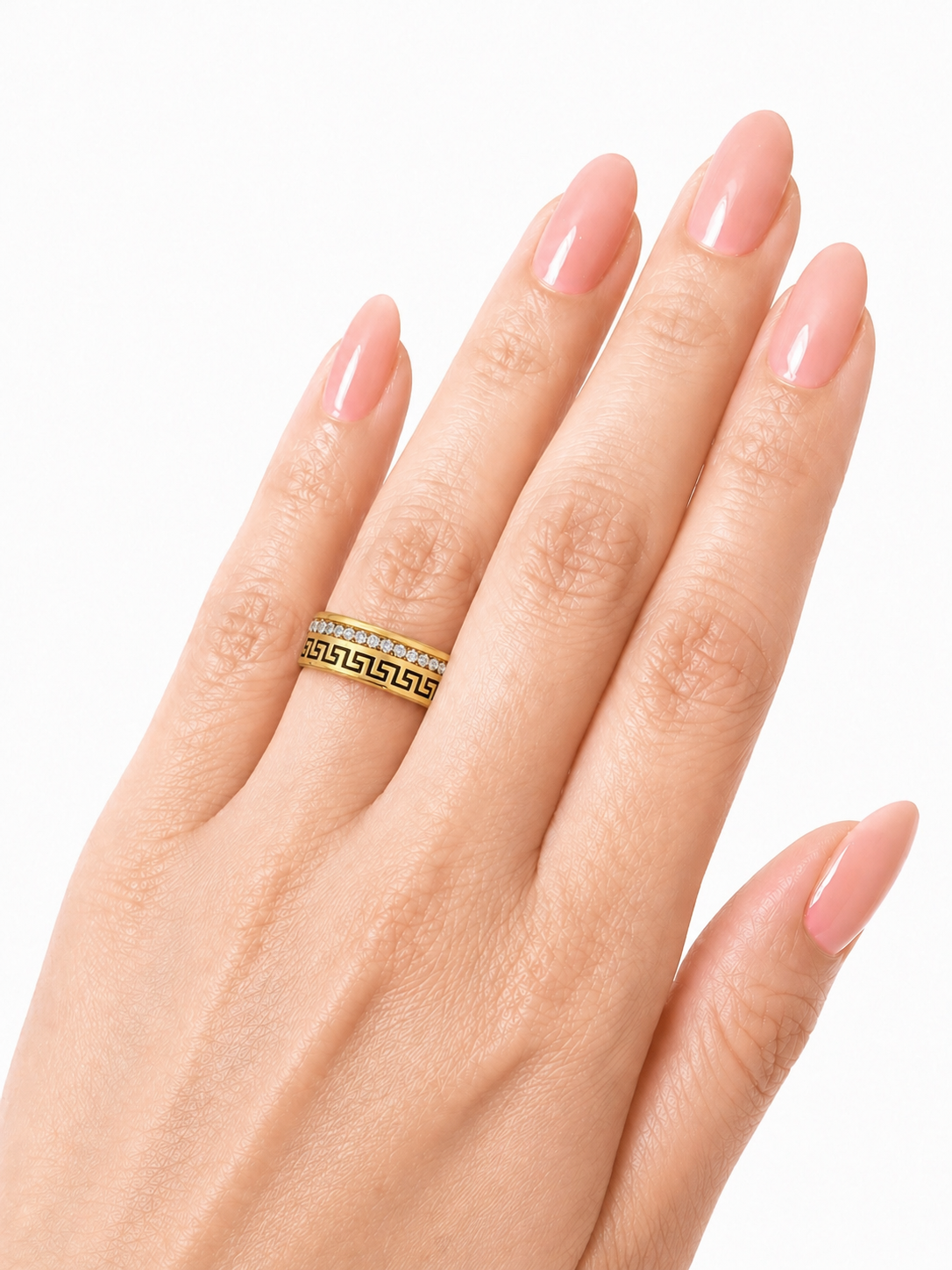 Luxury Greek Key Design Crystal Studded Gold Ring for Women
