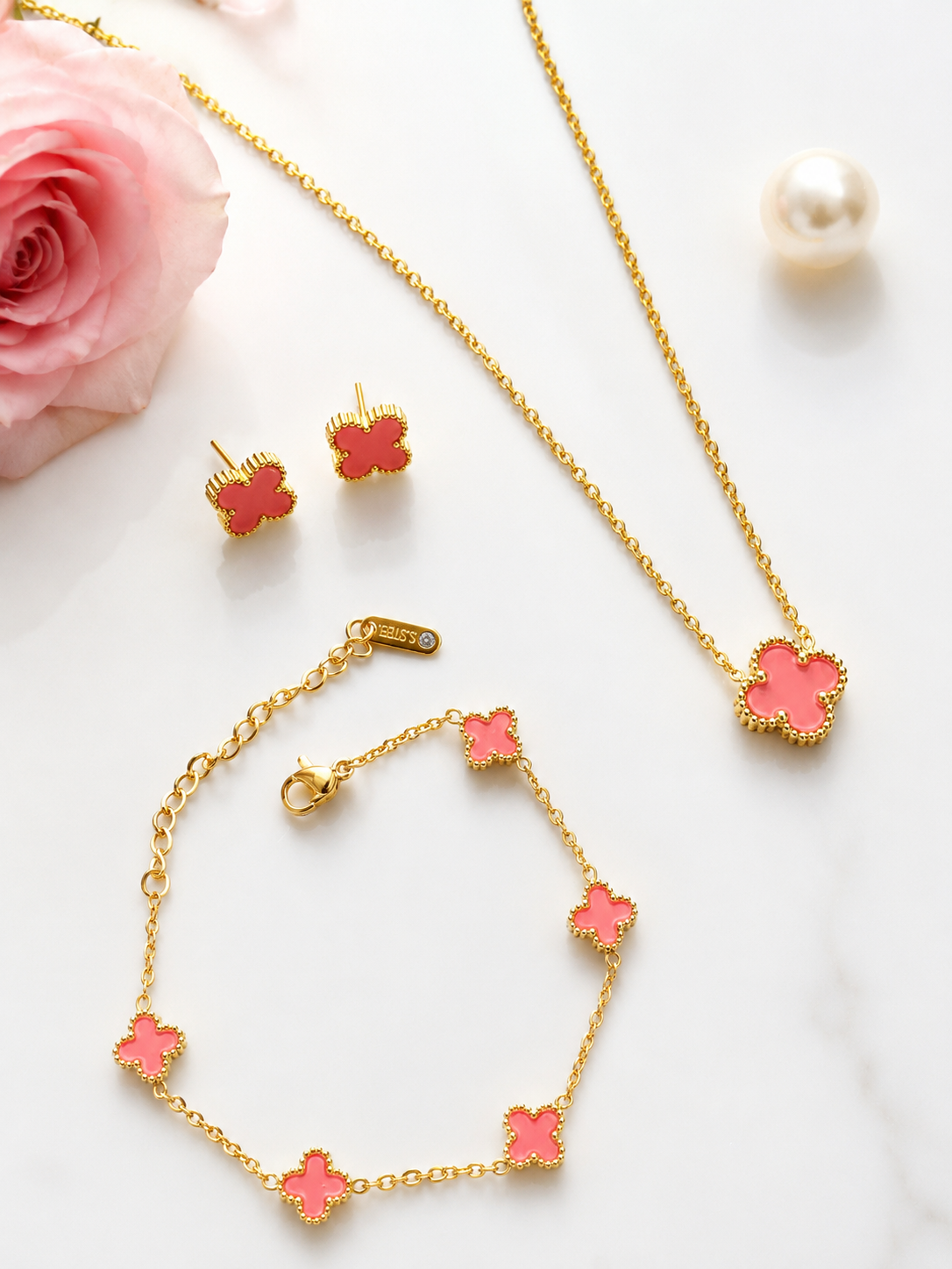 Pink Clover Jewelry Set for Women – 18K Gold Plated Anti Tarnish Necklace, Stud Earrings & Bracelet Set
