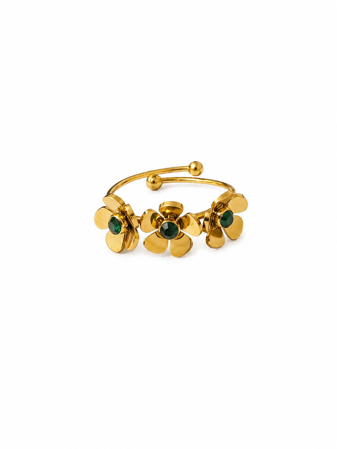 Adjustable Floral Gold Ring with Green Stone – Elegant Everyday Wear