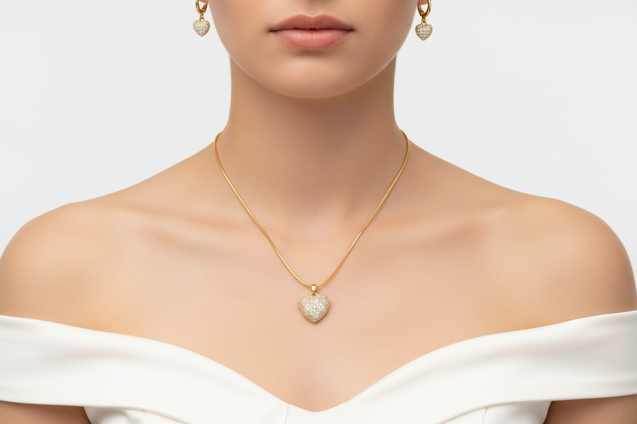 Romantic Heart Gold Pendant & Earrings Set – Perfect Gift Choice 💛 Big Size Pendant, Stylish and Durable Jewelry