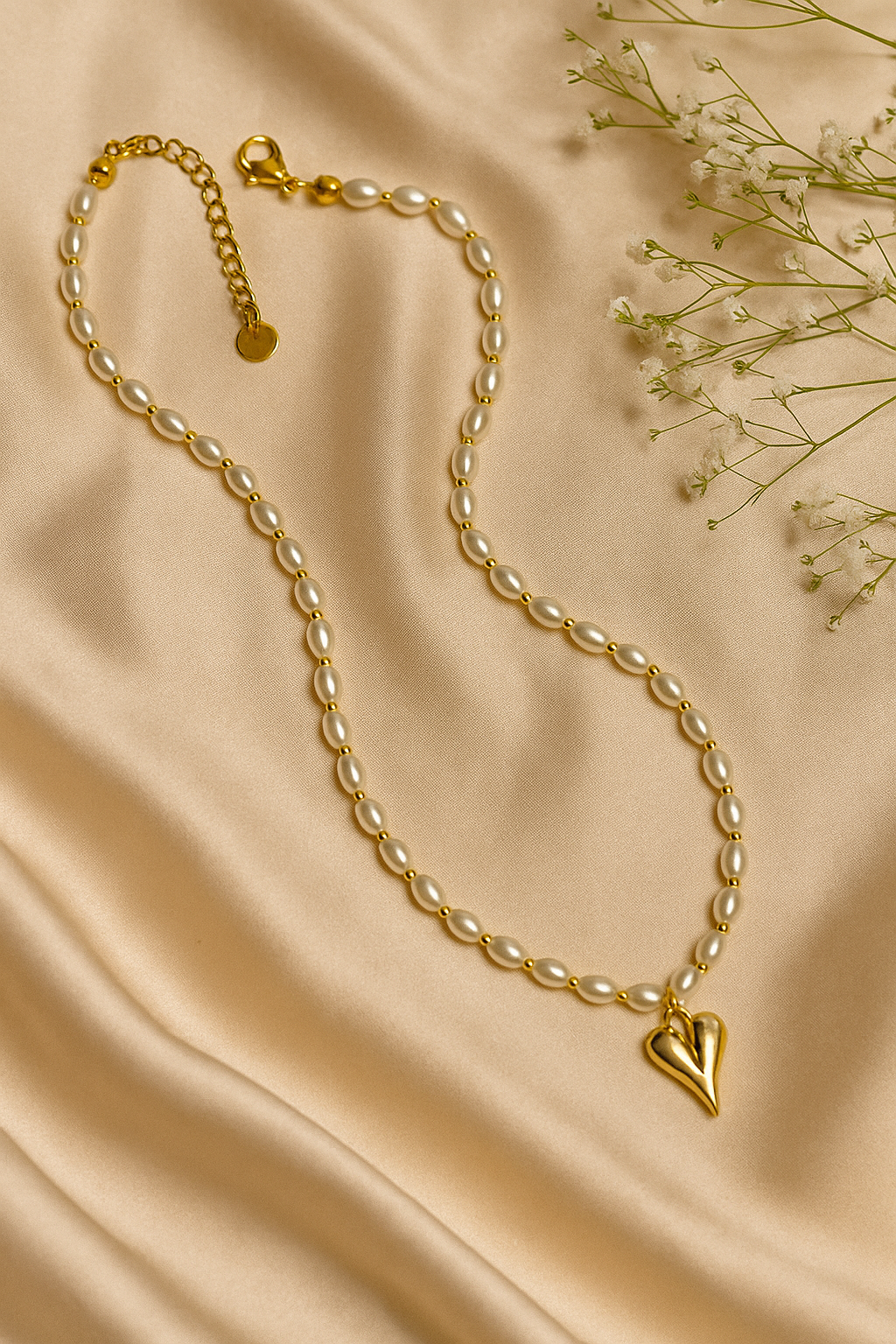 Anti-Tarnish 18K Gold Plated Pearls Chain with Heart Pendant | Elegant Waterproof Jewelry for Women | Lightweight Daily Wear Necklace | Perfect Gift for Her