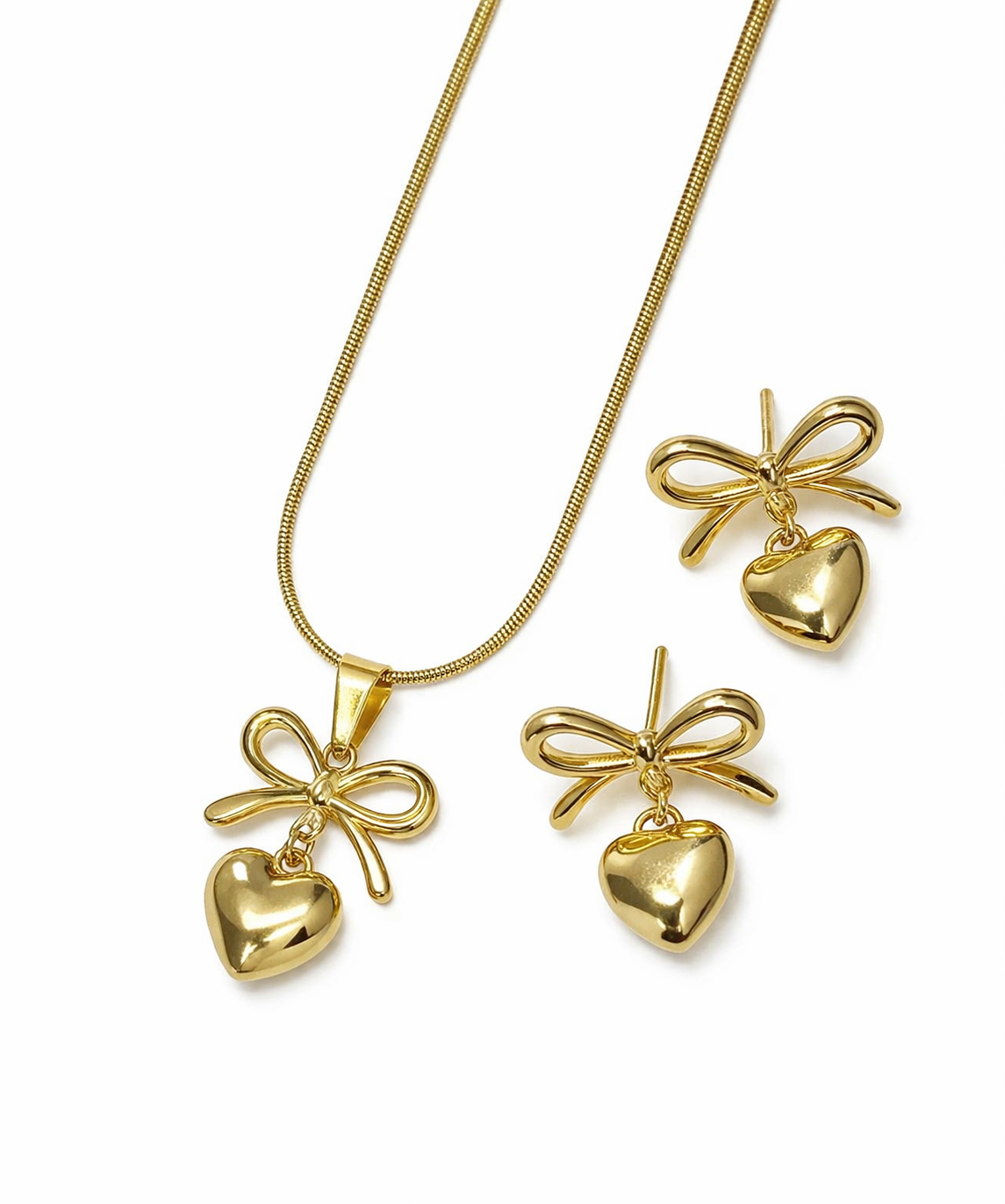 Anti-Tarnish Heart & Bow Design Earrings and Pendant Chain Set – Elegant & Lightweight Jewelry for Women & Girls