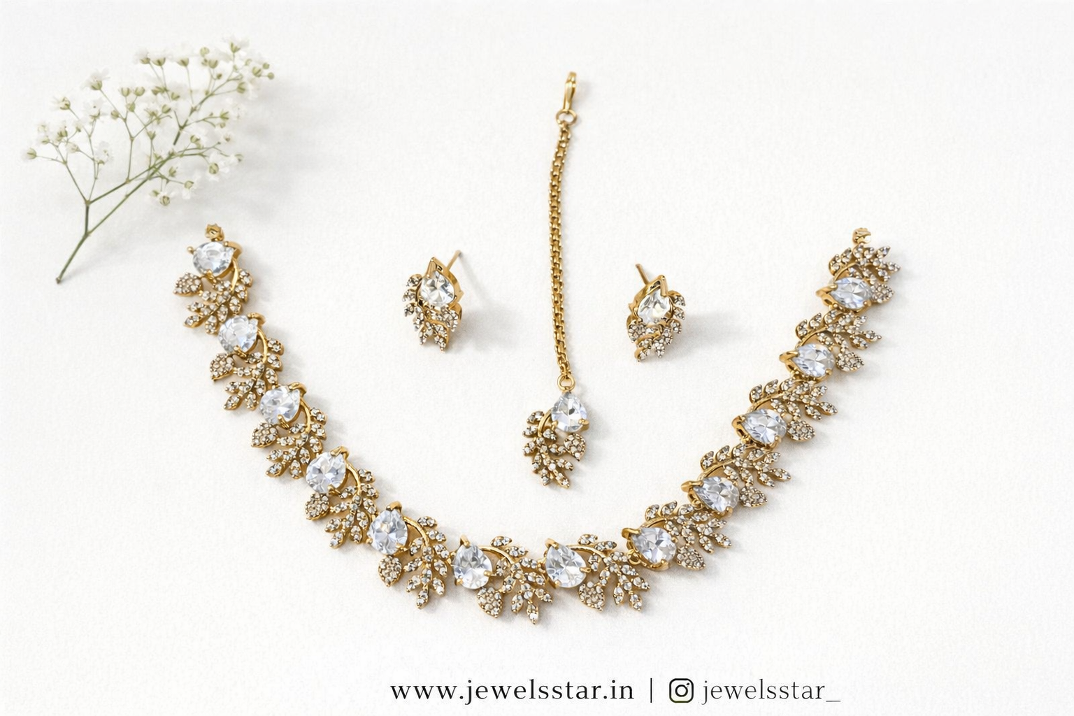 American Diamond Gold and Silver plated Necklace Set with Earrings & Maang Tikka | Gold Plated CZ Bridal Jewelry Set | Wedding, Party & Festive Wear for Women
