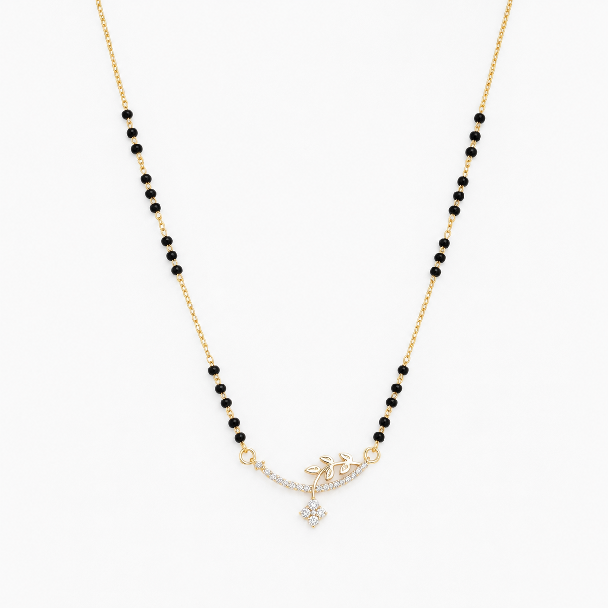 Daily Wear Anti-Tarnish Gold Plated Leaf Charm Mangalsutra with CZ Diamond | Elegant Black Beads Mangalsutra for Women