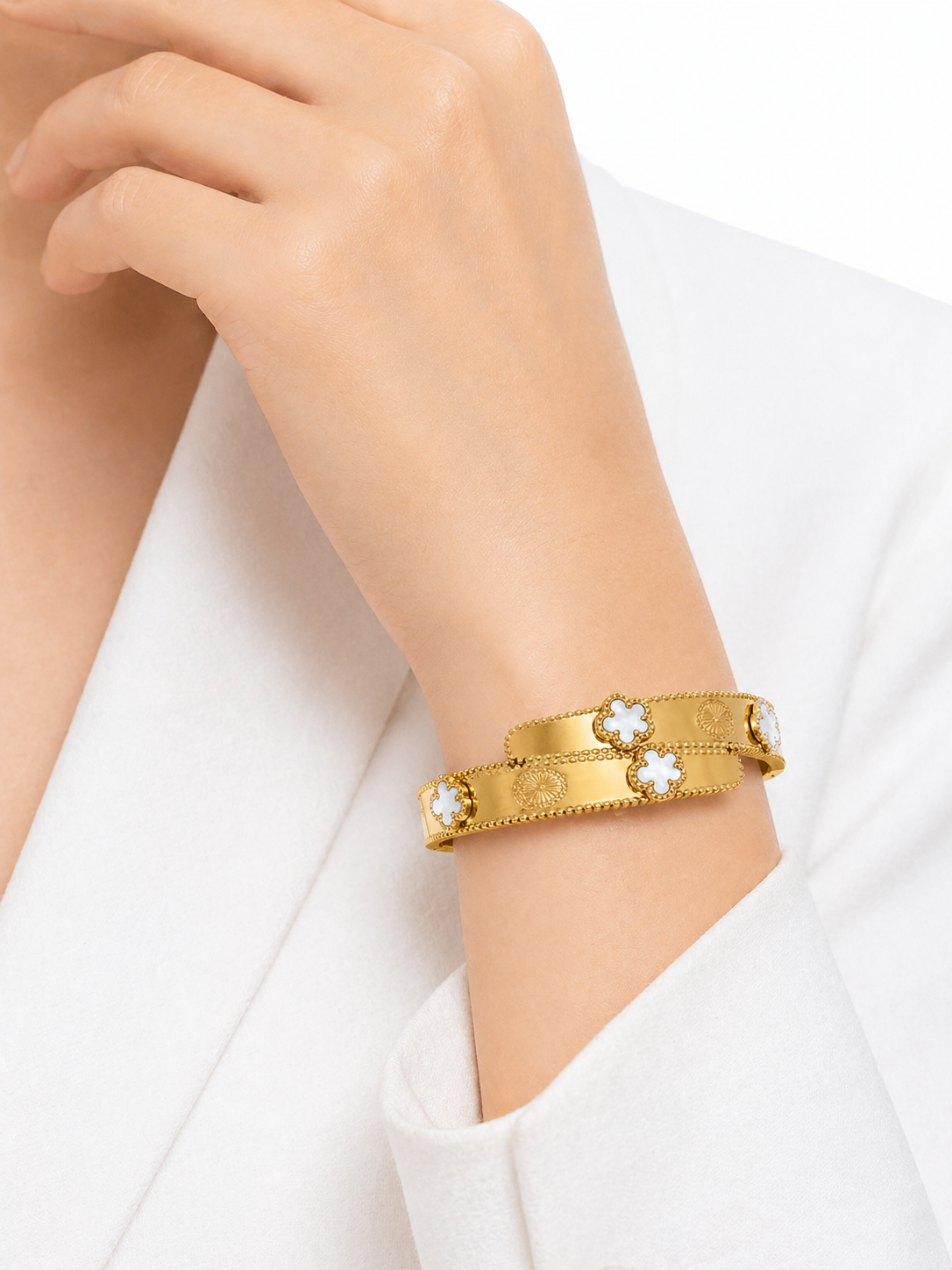 Elegant Gold Clover Motif Bracelet with White Inlay – Premium Designer Bangle