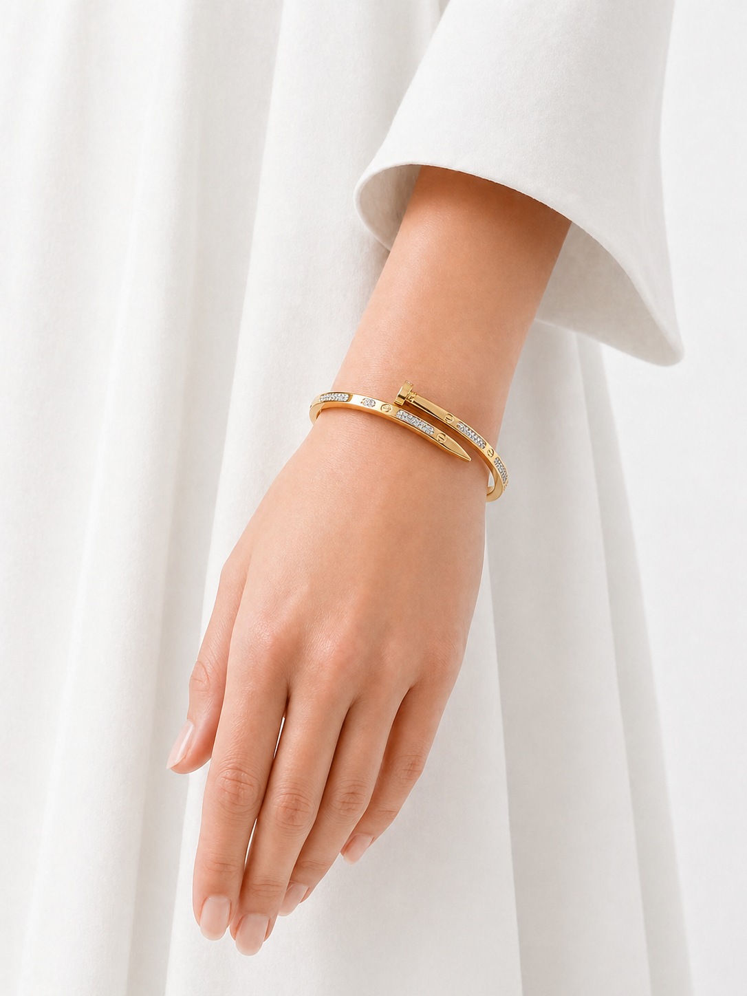 Nail Design Gold Plated Bracelet with Crystal Detailing | Luxury Designer Bangle