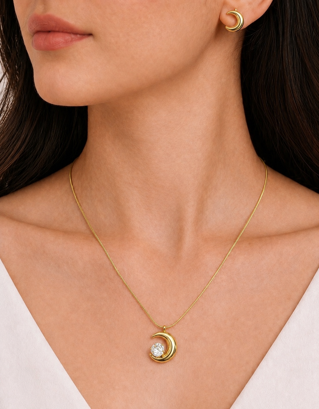 18K Gold Plated Crescent Moon Pendant Necklace & Stud Earrings Set for Women | Anti Tarnish Cubic Zirconia Moon Jewelry Set | Daily Wear Lightweight Fashion Jewelry