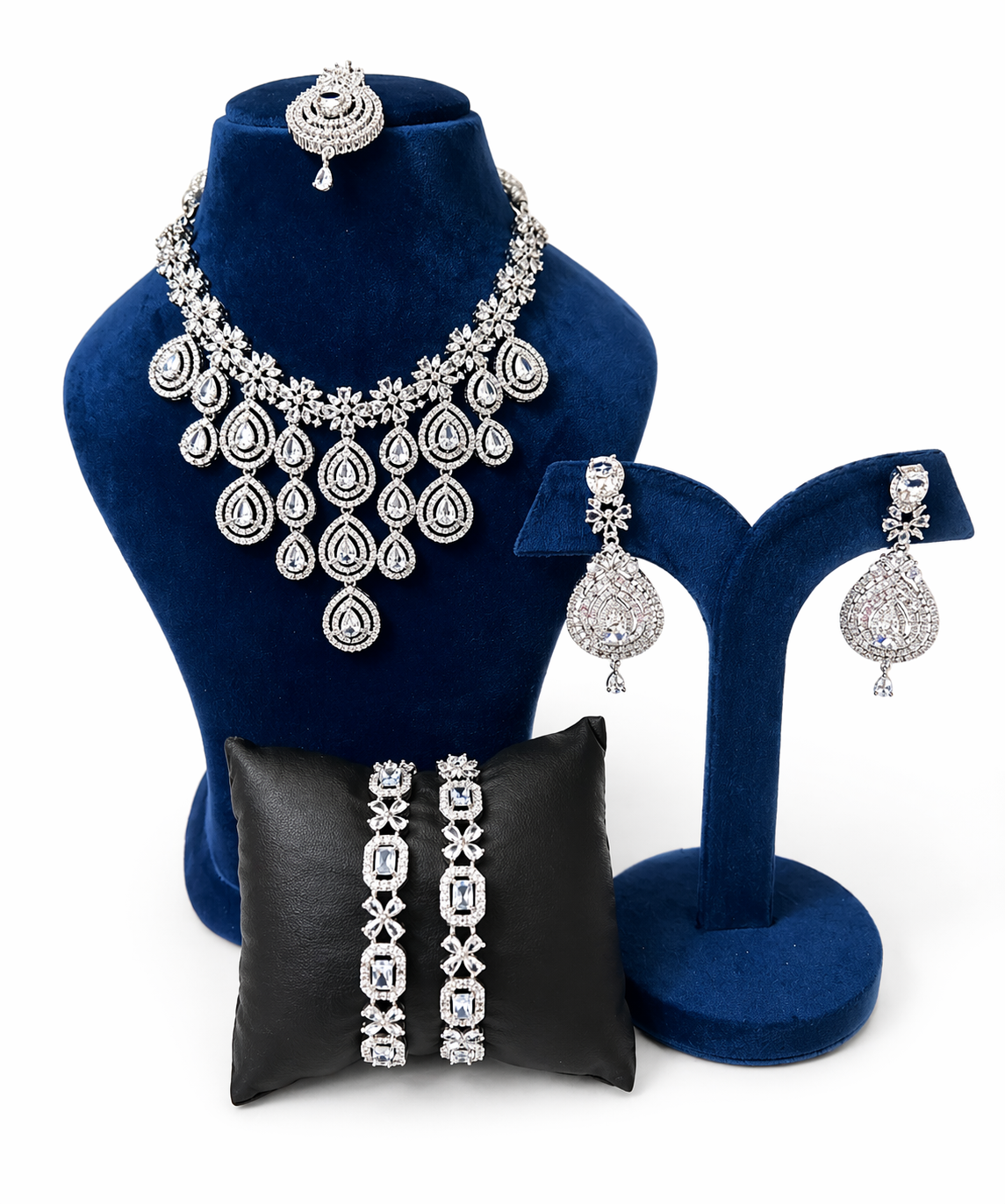 Elegant Designer American Diamond Jhallar Necklace in White, Earrings, Mangtika, and Bangles Set – A Complete Bridal Jewelry Ensemble