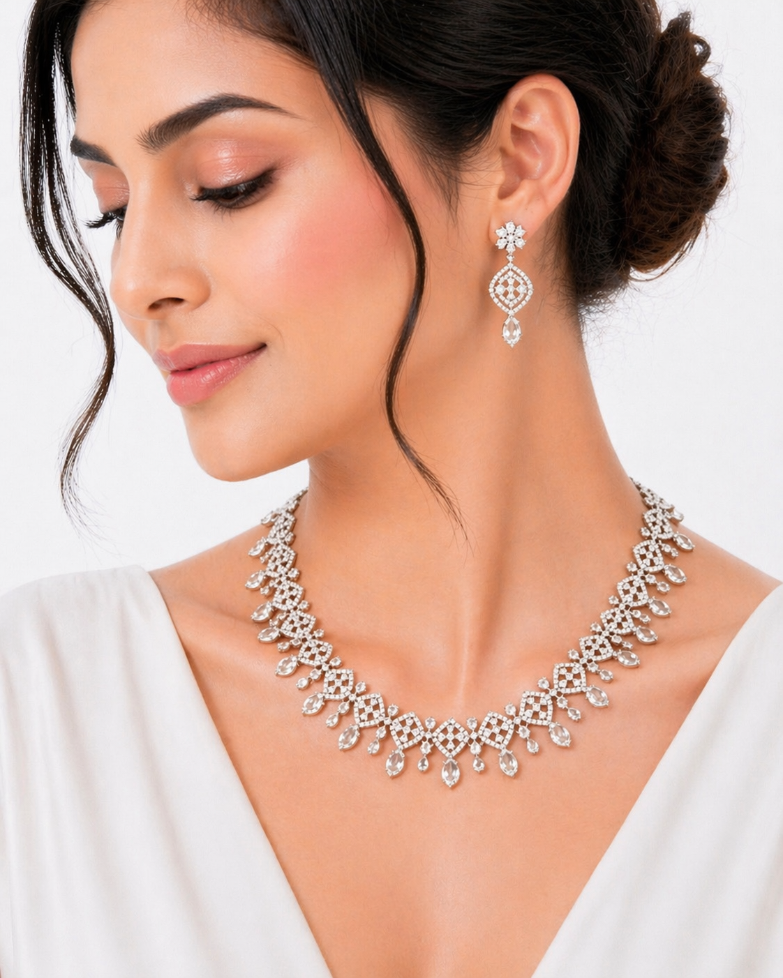 American Diamond Necklace Set with Matching Earrings | Gold Plated Sparkling CZ Jewelry | Elegant Party & Wedding Wear for Women