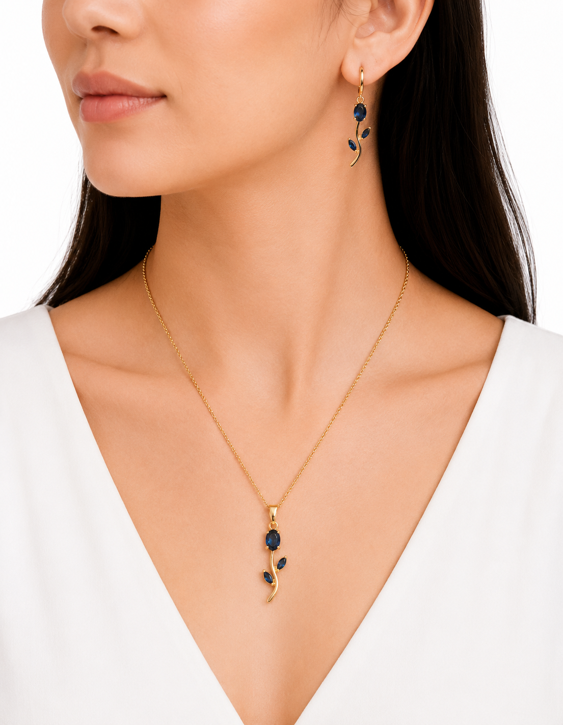 18K Gold Plated Blue Tulip Pendant Necklace with Earrings Set | Anti-Tarnish Floral Jewelry | Elegant Blue Stone Pendant Set for Women | Waterproof & Skin Friendly
