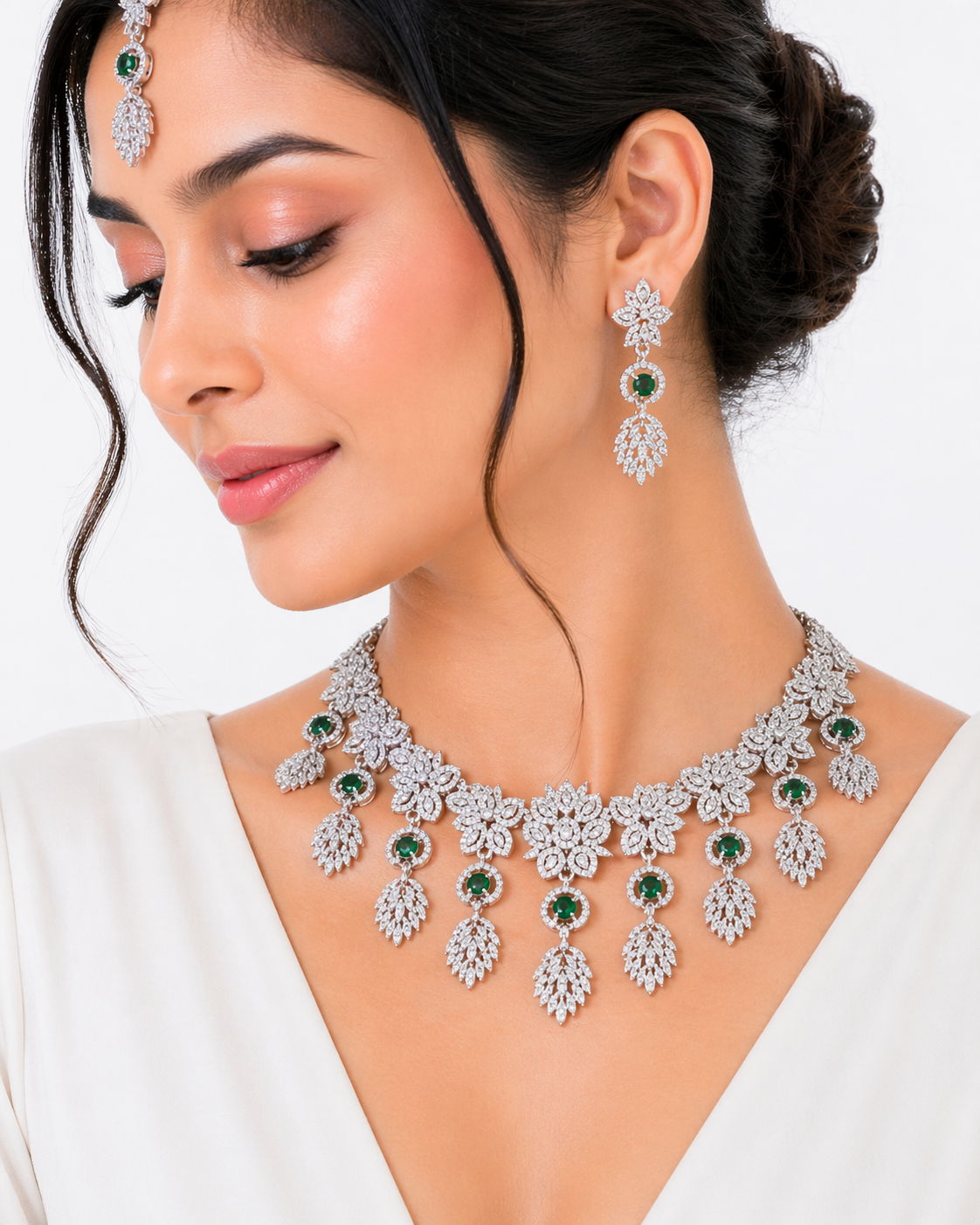 Luxurious Designer American Diamond Heavy Green Necklace – A Bold Statement of Elegance and Glamour