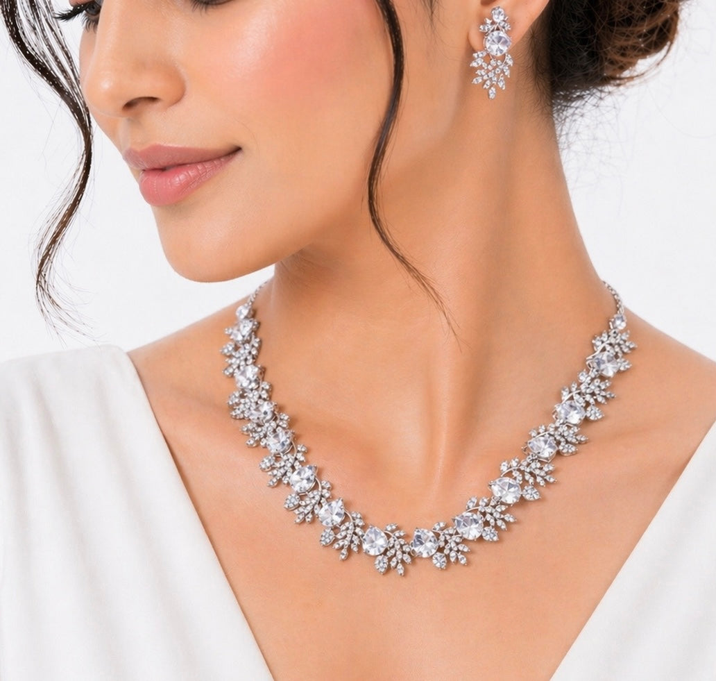 American Diamond Necklace Set with Earrings & Maang Tikka | Silver Plated CZ Bridal Jewelry Set | Wedding, Party & Festive Wear for Women