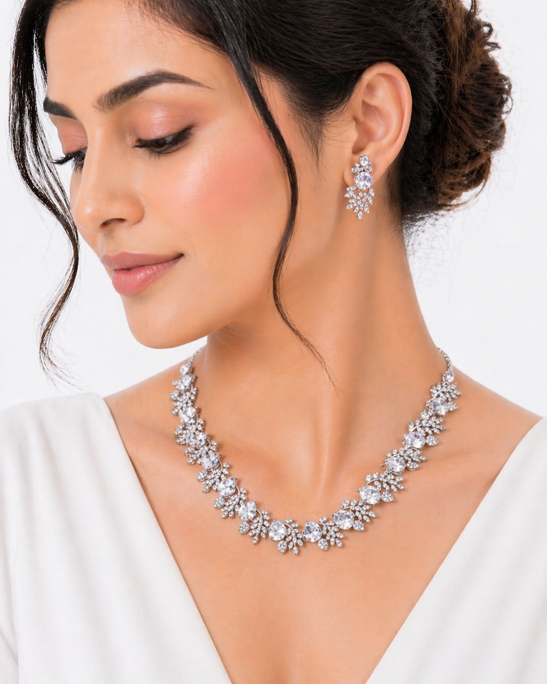 American Diamond Necklace Set with Earrings & Maang Tikka | Silver Plated CZ Bridal Jewelry Set | Wedding, Party & Festive Wear for Women