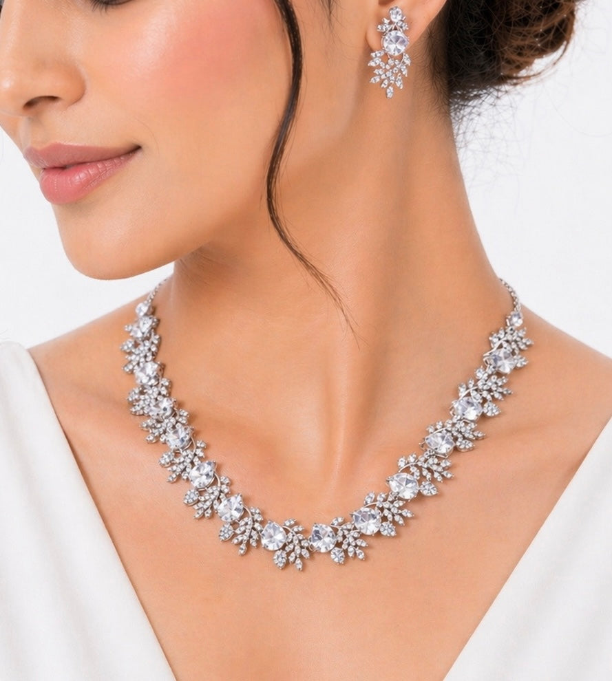 American Diamond Necklace Set with Earrings & Maang Tikka | Silver Plated CZ Bridal Jewelry Set | Wedding, Party & Festive Wear for Women
