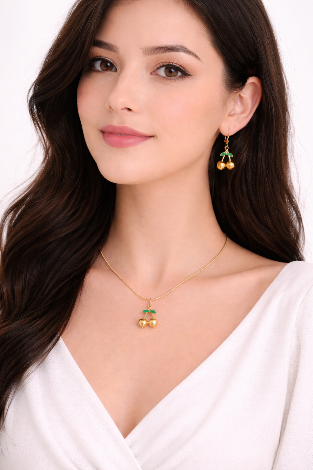 18K Gold Plated Cherry Pendant Necklace & Hoop Earrings Set | Green Enamel Charm | Cute Minimal Anti-Tarnish Jewelry for Women