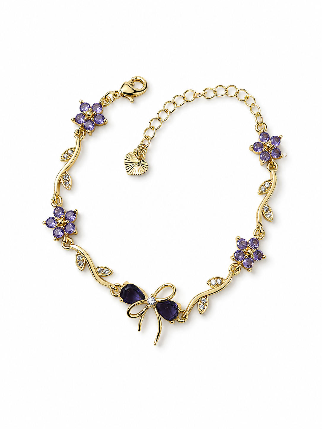 18K Gold Plated Anti-Tarnish Purple Floral Bow Charm Bracelet