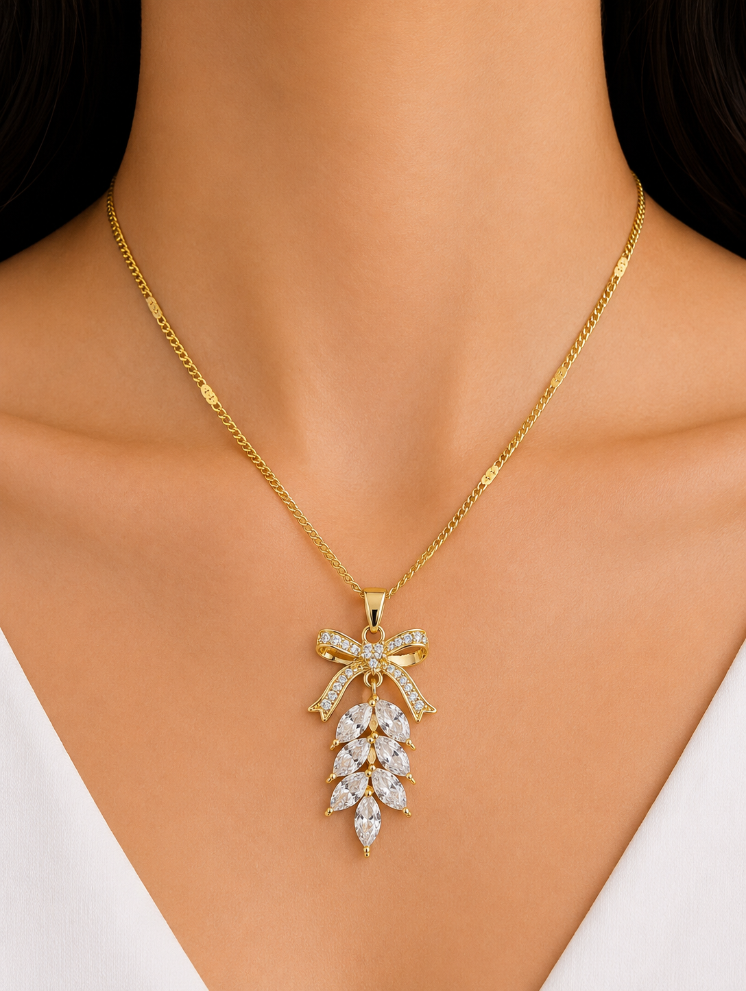 ✨ Anti-Tarnish 18K Gold Plated Leafy Bow Long Pendant – Daily Wear Elegant Chain