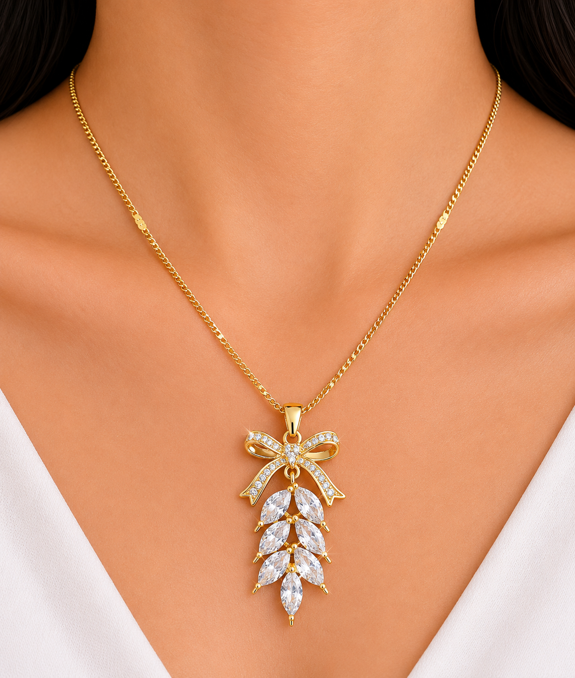 ✨ Anti-Tarnish 18K Gold Plated Leafy Bow Long Pendant – Daily Wear Elegant Chain