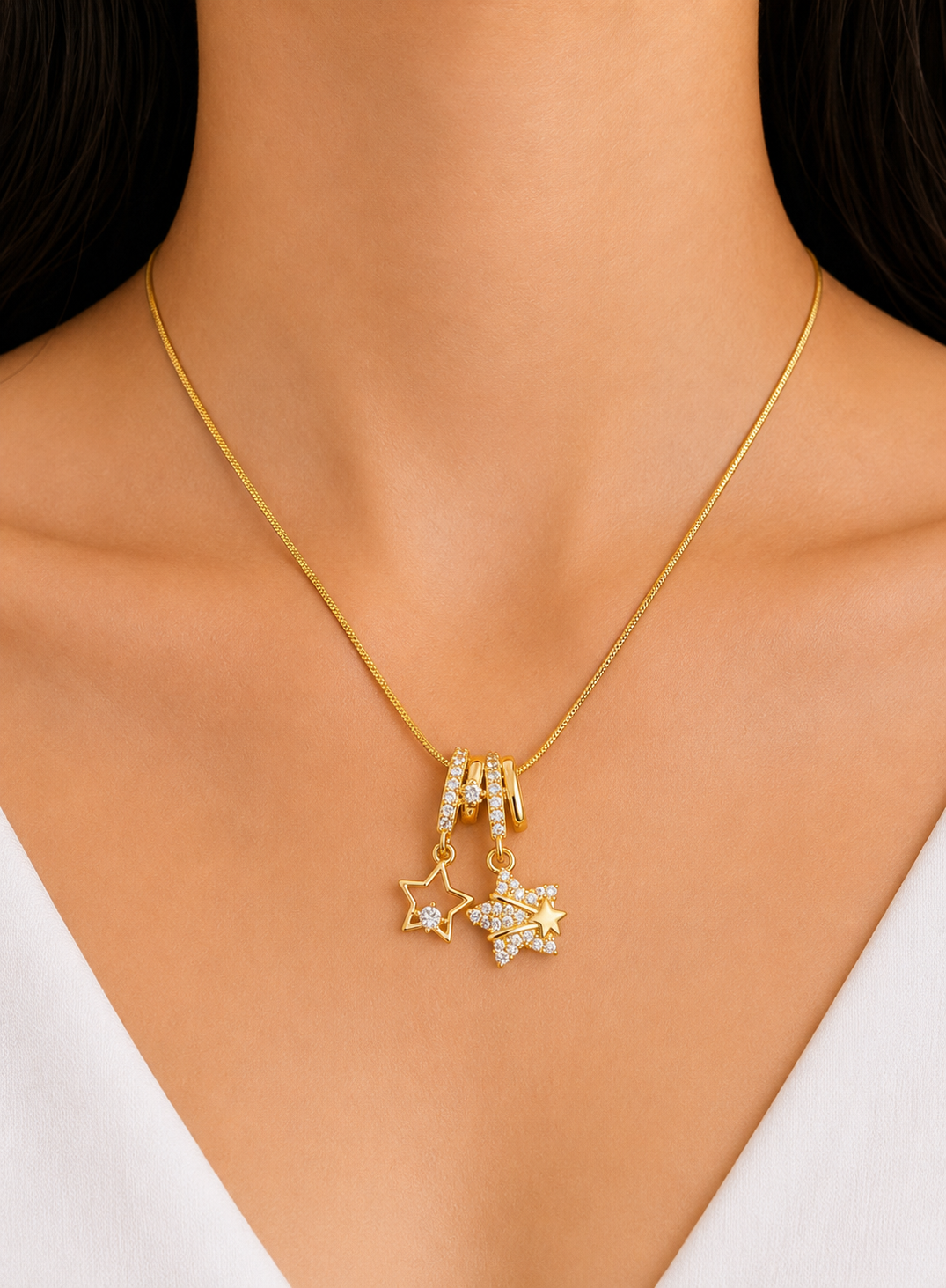 ⭐ Anti-Tarnish 18K Gold Plated Twin Star Pendant Chain – Daily Wear Celestial Necklace ⭐
