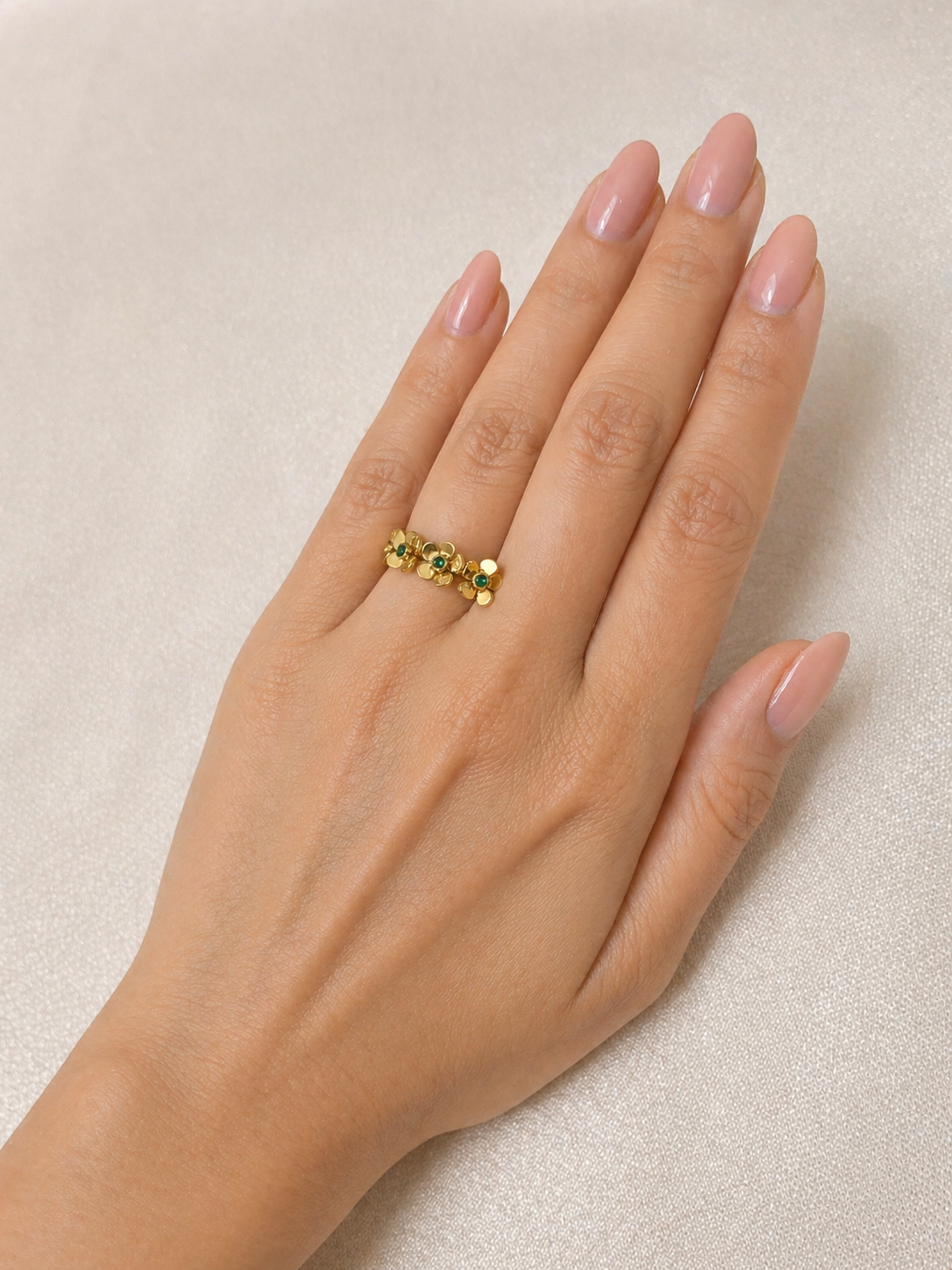 Adjustable Floral Gold Ring with Green Stone – Elegant Everyday Wear